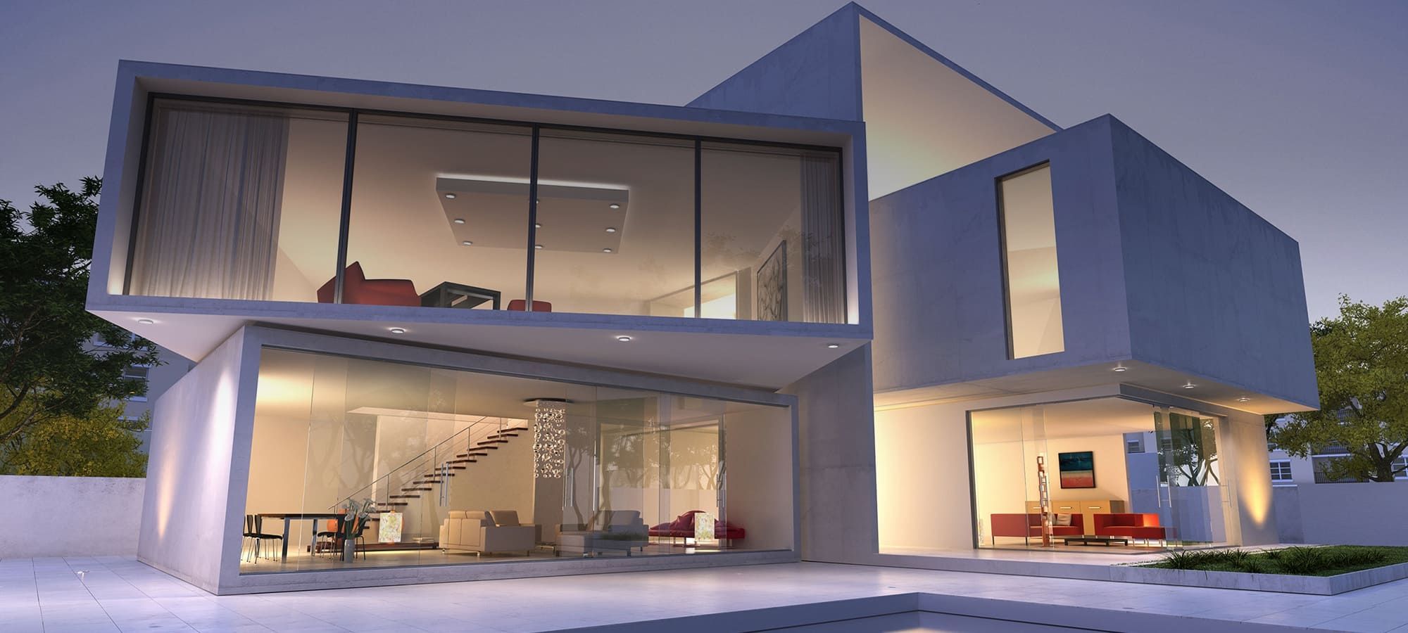 Moderne Architektur mit großflächiger Verglasung und klarer Kubatur
